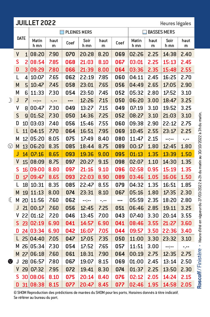 Horaires des marées Juillet / Août Port de Roscoff Guide du port Horaires des marées Juillet / Août Port de Roscoff Guide du port